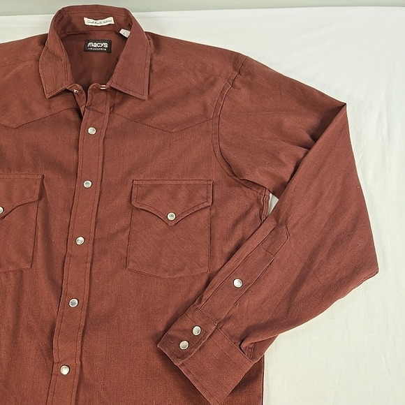 Vintage Western Pearl Snap Shirt Mens Size Large Macys Single Needle Burgundy - Picture 3 of 12